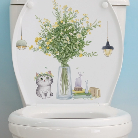 Simpatico Gatto Fiore Adesivo per Coperchio del Gabinetto in PVC Impermeabile Rimovibile Acquerello Dipinto a Mano Adesivo Decorativo