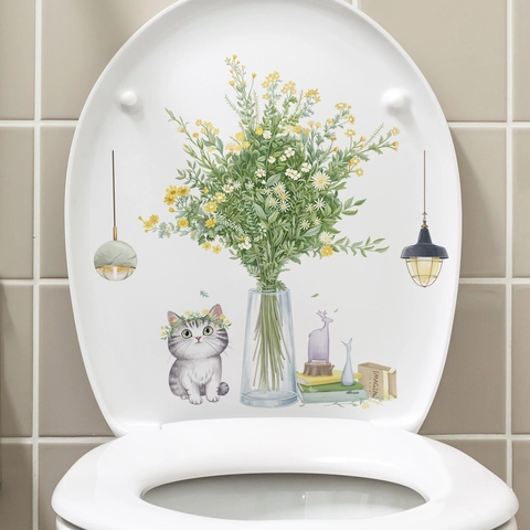 Simpatico Gatto Fiore Adesivo per Coperchio del Gabinetto in PVC Impermeabile Rimovibile Acquerello Dipinto a Mano Adesivo Decorativo