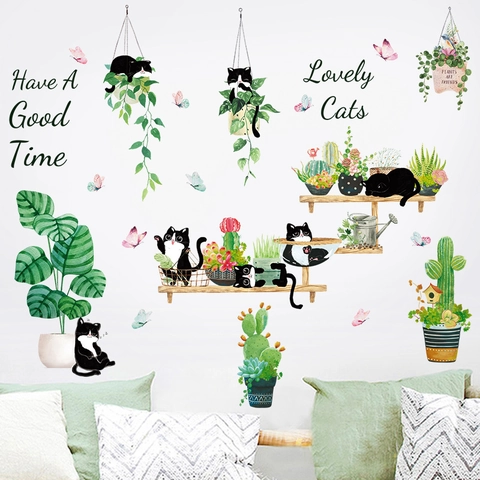 Frische Pflanze Katze Wandtattoo PVC Abnehmbare DIY Kaktus Sukkulente Schmetterling Aufkleber Für Kinderzimmer Schlafzimmer Wohnzimmer Haus Dekor