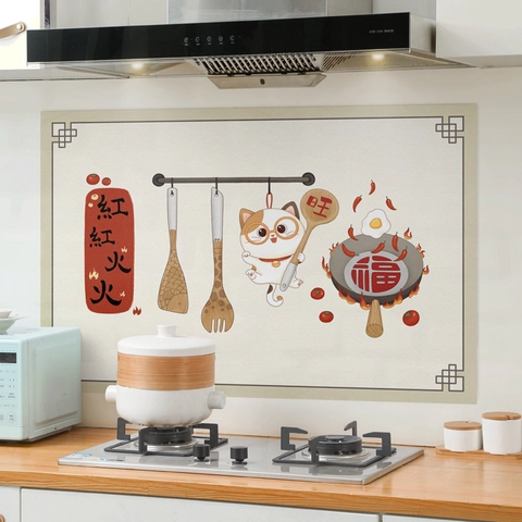 Kitchen Oil-proof Wall Sticker Aluminum Foil Heat Resistant Waterproof Self Adhesive Cartoon Cat Pattern Backsplash Decorative Film