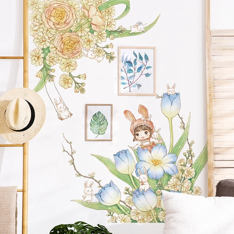 Süßer Hase Mädchen Blume Wandtattoo Abnehmbares PVC Aquarell Handgemaltes Dekor Für Kinderzimmer Schlafzimmer Heimdekoration