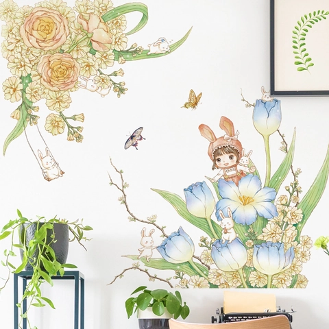 Süßer Hase Mädchen Blume Wandtattoo Abnehmbares PVC Aquarell Handgemaltes Dekor Für Kinderzimmer Schlafzimmer Heimdekoration