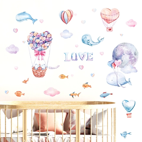 Aquarel Walvis Hart Luchtballon Muurstickers PVC Mat Verwijderbare Decoratieve Stickers Voor Kinderkamer Babykamer