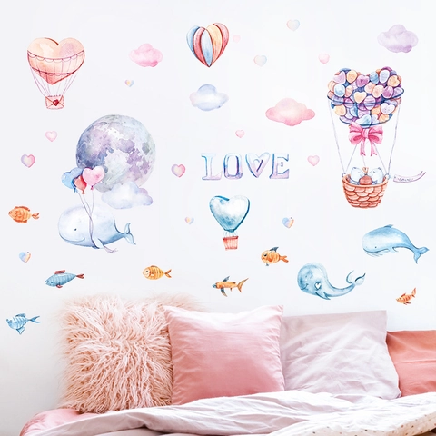Aquarel Walvis Hart Luchtballon Muurstickers PVC Mat Verwijderbare Decoratieve Stickers Voor Kinderkamer Babykamer