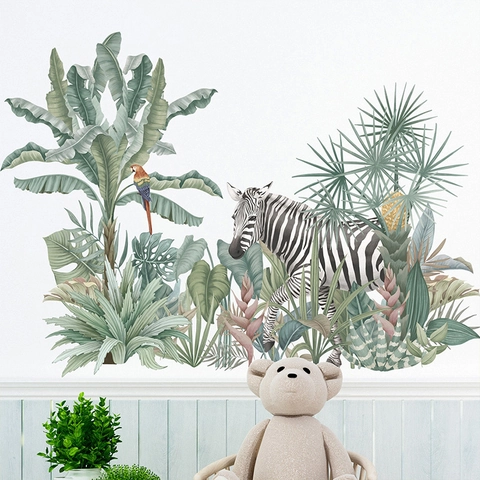 Tropical Rainforest Wall Stickers Zebra Parrot Green Leaves Plant Wall Decals PVC Waterproof Removable Home Decor For Living Room