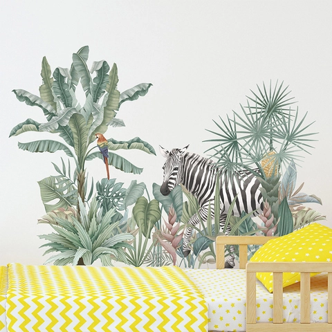 Adesivi Murali Foresta Tropicale Zebra Pappagallo Foglie Verdi Piante Adesivi Parete PVC Impermeabile Removibile Decorazione Soggiorno