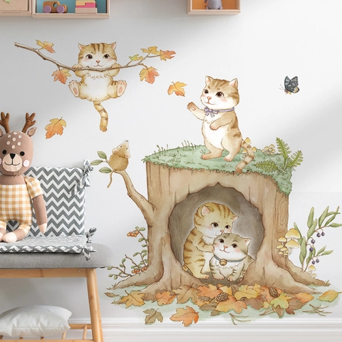 Watercolor Cartoon Cat Wall Stickers Forest Animal Decals For Kids Room Nursery Bedroom Home Decor PVC Removable Stickers