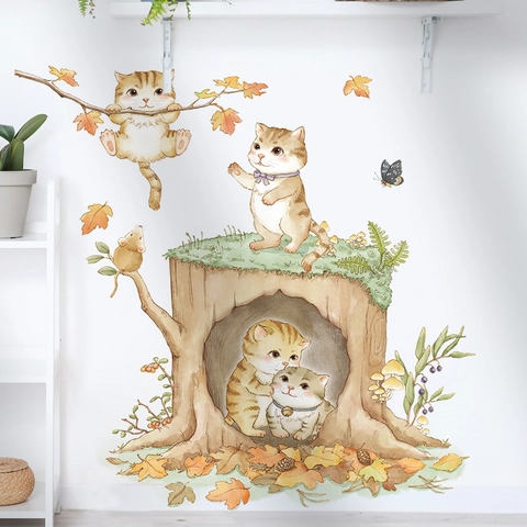 Watercolor Cartoon Cat Wall Stickers Forest Animal Decals For Kids Room Nursery Bedroom Home Decor PVC Removable Stickers