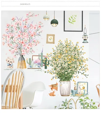 Aquarell Grüne Topfpflanzen Blumenvasen Cartoon Tier Abnehmbare PVC Wandaufkleber Für Wohnzimmer Schlafzimmer Hintergrund Deko