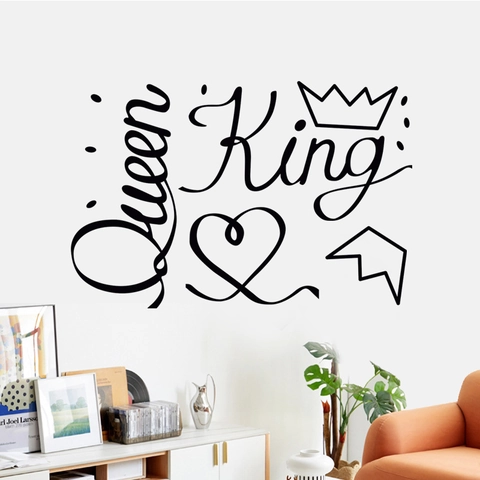 Adesivo da Parete Rimovibile King Queen per Arredamento Camera Letto PVC Nero Impermeabile Decalcomania Corona Cuore DIY Murales