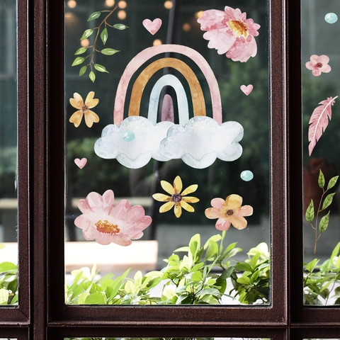 Adesivi per Finestre Acquerello Arcobaleno Nuvole Fiori Fai da Te Rimovibili in PVC Vetro Decalcomania Parete Soggiorno