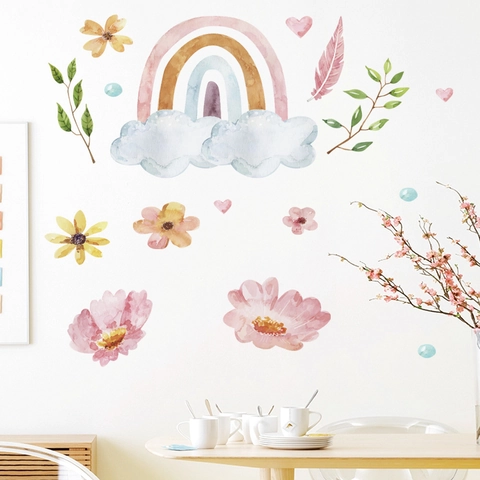 Adesivi per Finestre Acquerello Arcobaleno Nuvole Fiori Fai da Te Rimovibili in PVC Vetro Decalcomania Parete Soggiorno