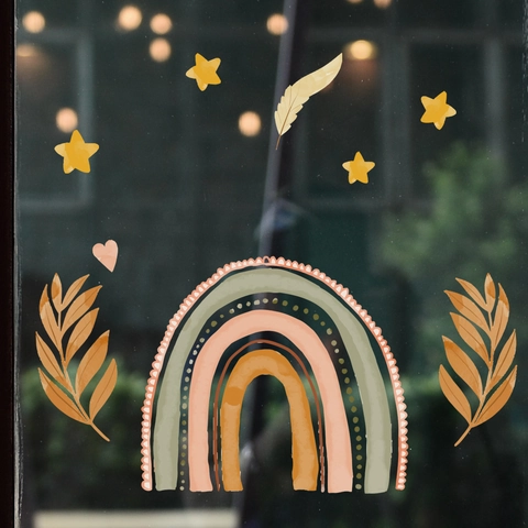 Stickers Muraux Arc-en-Ciel Aquarelle Boho PVC Étoile Cœur Feuille Décalcomanies Pour Chambre d'Enfant Décoration Maison