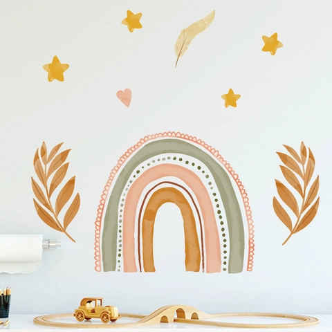 Stickers Muraux Arc-en-Ciel Aquarelle Boho PVC Étoile Cœur Feuille Décalcomanies Pour Chambre d'Enfant Décoration Maison