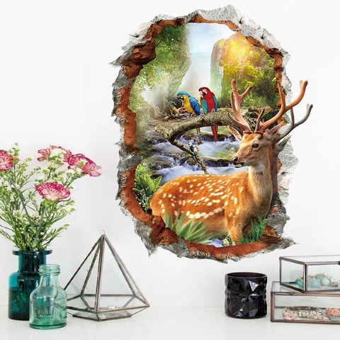 3D Durchbruch Effekt Natur Wald Hirsch Papagei Wandtattoo Wasserdicht PVC Selbstklebend Wandbild Wohnzimmer Schlafzimmer Deko