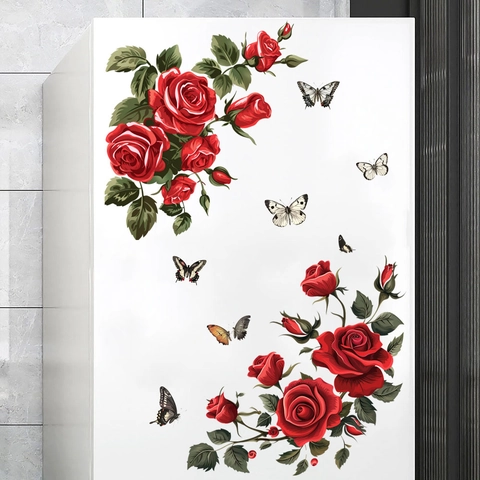 Adesivo da Parete Fiore di Rosa Rossa Farfalla Impermeabile PVC Decalcomania Decorativa Per Soggiorno Camera Frigorifero