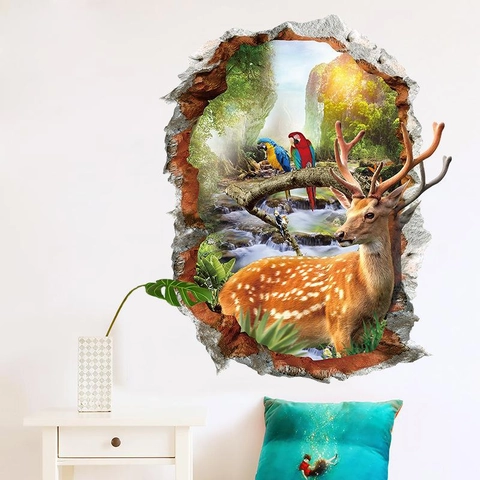 3D Durchbruch Effekt Natur Wald Hirsch Papagei Wandtattoo Wasserdicht PVC Selbstklebend Wandbild Wohnzimmer Schlafzimmer Deko