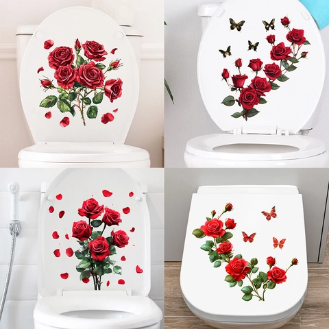 Adesivo da Parete in PVC Impermeabile con Rosa Rossa e Farfalla Adesivo Floreale per WC per Decorazione Casa Bagno