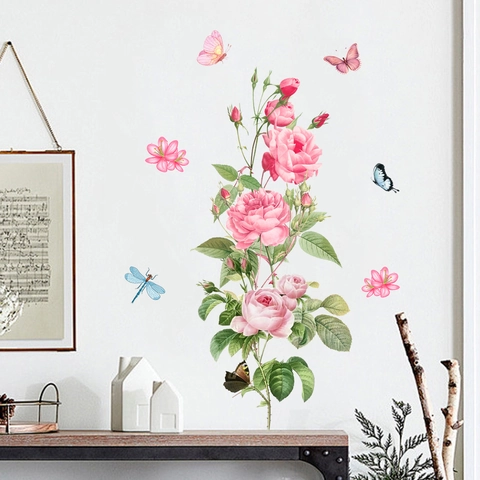 Rosa Rosen Schmetterling Wandaufkleber PVC Wasserdicht Abnehmbare Blumen Wandtattoos Für Wohnzimmer Schlafzimmer Deko