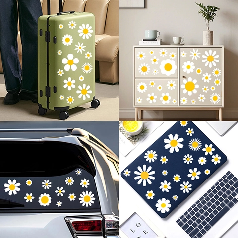 White Daisy Flower Wall Stickers Waterproof Removable PVC Decals For Car Laptop Luggage Home Decor Simple Floral Art