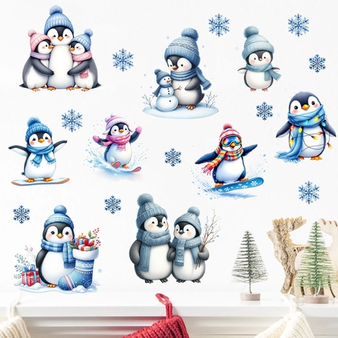 Christmas Penguin Snowflake PVC Wall Stickers Waterproof Winter Theme Window Decals For Living Room Bedroom Home Decor