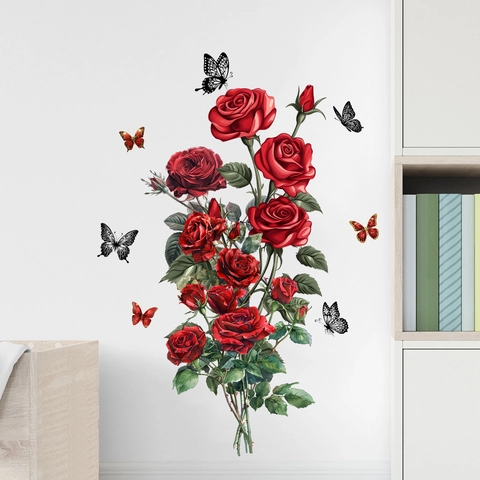 Adesivo da Parete Rosa Rossa Vite Fiori e Farfalle PVC Autoadesivo Impermeabile Floreale per Soggiorno Camera da Letto Casa