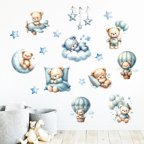 Stickers Muraux Ours De Dessin Animé Lune Étoile Montgolfière Pour Chambre D'Enfants Étanche PVC Auto-Adhésif Décoration Murale