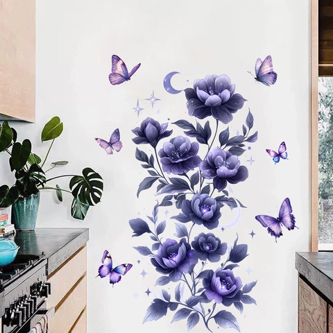 Paarse Bloem Rank Vlinder Muursticker Waterdicht Zelfklevend PVC Decal Voor Woonkamer Slaapkamer Keuken Huis Decoratie