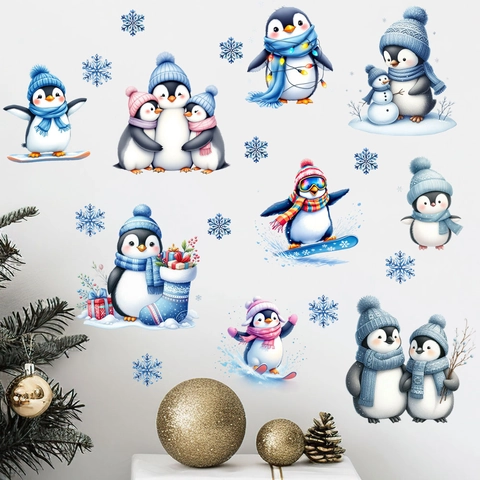 Christmas Penguin Snowflake PVC Wall Stickers Waterproof Winter Theme Window Decals For Living Room Bedroom Home Decor