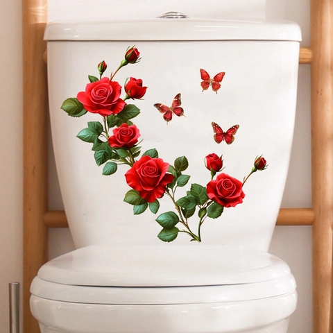Adesivo da Parete in PVC Impermeabile con Rosa Rossa e Farfalla Adesivo Floreale per WC per Decorazione Casa Bagno