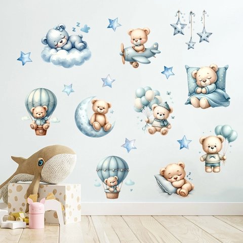 Stickers Muraux Ours De Dessin Animé Lune Étoile Montgolfière Pour Chambre D'Enfants Étanche PVC Auto-Adhésif Décoration Murale