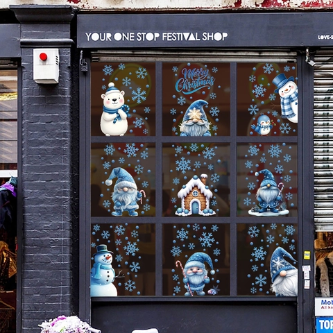 Weihnachten Statische Fensteraufkleber PVC Blau Weiß Weihnachtsmann Schneemann Schneeflocken Gnom Aufkleber Für Shop Glas Deko