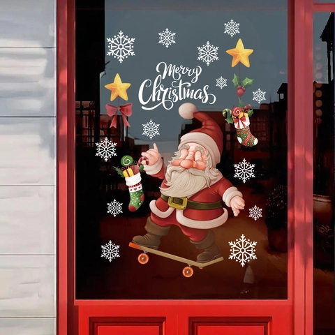 Weihnachten Skateboard Weihnachtsmann Statischer Fensteraufkleber Wiederverwendbarer PVC Schneeflocke Stern Wandtattoo Für Glastür