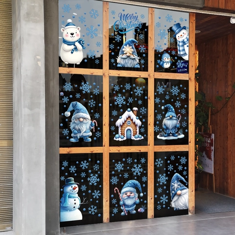 Weihnachten Statische Fensteraufkleber PVC Blau Weiß Weihnachtsmann Schneemann Schneeflocken Gnom Aufkleber Für Shop Glas Deko