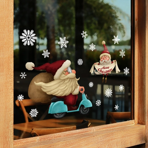 Santa Claus Motorcycle Christmas Window Stickers PVC Static Cling Decals For Glass Window Showcase Holiday Home Decor