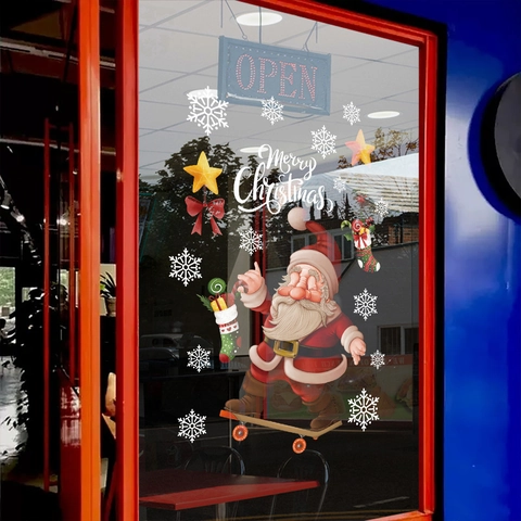 Weihnachten Skateboard Weihnachtsmann Statischer Fensteraufkleber Wiederverwendbarer PVC Schneeflocke Stern Wandtattoo Für Glastür