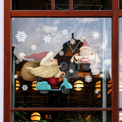 Santa Claus Motorcycle Christmas Window Stickers PVC Static Cling Decals For Glass Window Showcase Holiday Home Decor