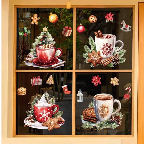 Pegatinas Navideñas Estáticas para Ventanas PVC Copos de Nieve Hombre de Jengibre Calcomanías Puerta de Cristal Decoración