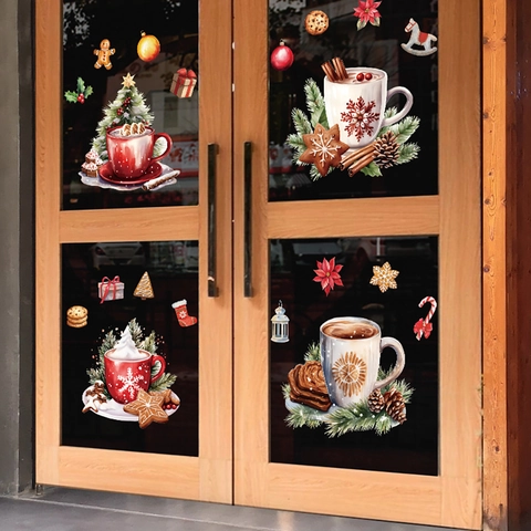 Pegatinas Navideñas Estáticas para Ventanas PVC Copos de Nieve Hombre de Jengibre Calcomanías Puerta de Cristal Decoración