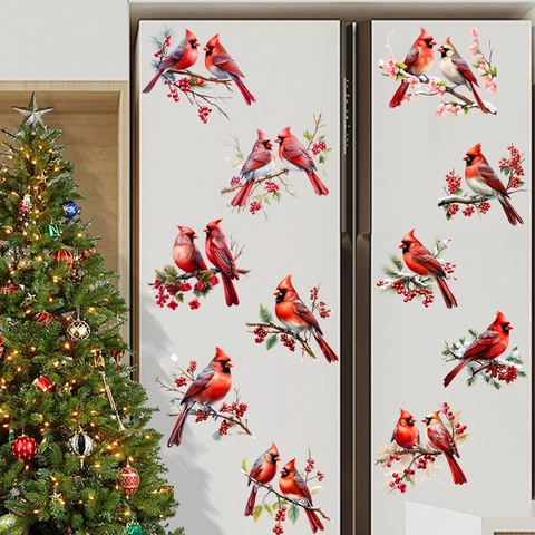 Pegatinas de Ventana Cardenal Rojo Realistas Navidad Rama Bayas Doble Cara Impermeable PVC Decoración de Pared