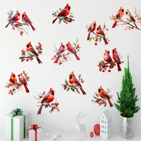 Pegatinas de Ventana Cardenal Rojo Realistas Navidad Rama Bayas Doble Cara Impermeable PVC Decoración de Pared