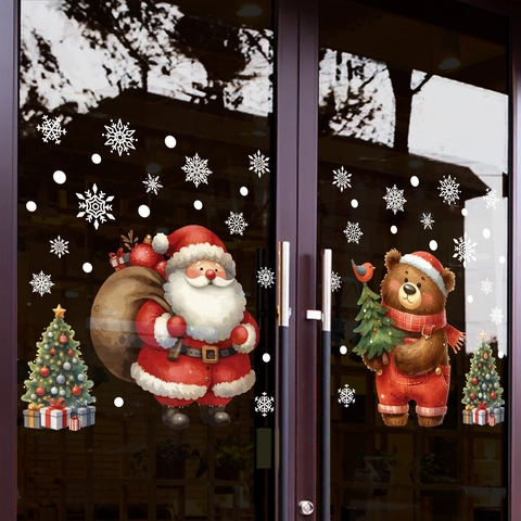 Natale Babbo Natale Cartone Animato Orso Statico Finestra Adesivi PVC Doppia Faccia Porta Vetro Decalcomanie Xmas Festivo Casa Decorazione