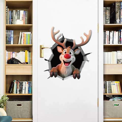 Adesivo da Parete Porta 3D Natale Babbo Natale Renna Pupazzo di Neve Autoadesivo PVC Decalcomania Festiva Decorazione Casa