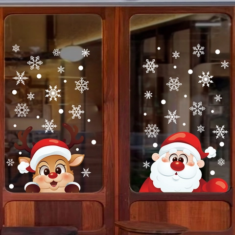 Stickers Statiques Noël pour Fenêtres PVC Père Noël Renne Flocon de Neige pour Porte en Verre Décoration Maison