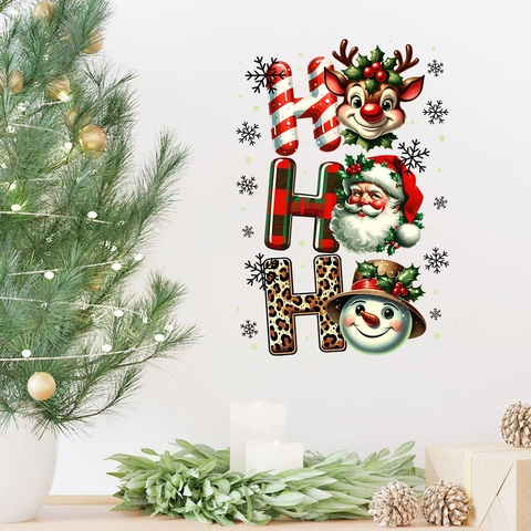 Adesivo da Parete Natalizio Babbo Natale Renna Pupazzo di Neve Motivo Ho Ho Ho PVC Impermeabile Removibile Decorazione Casa