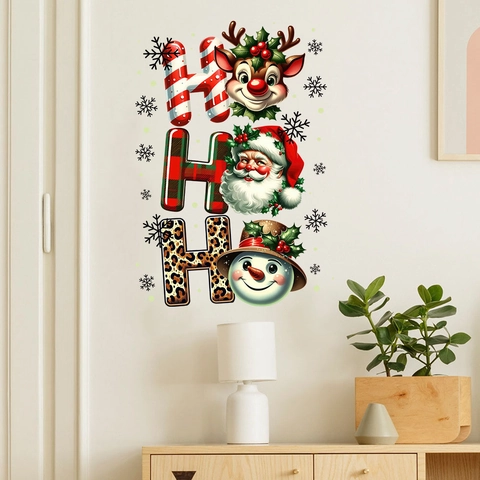 Adesivo da Parete Natalizio Babbo Natale Renna Pupazzo di Neve Motivo Ho Ho Ho PVC Impermeabile Removibile Decorazione Casa