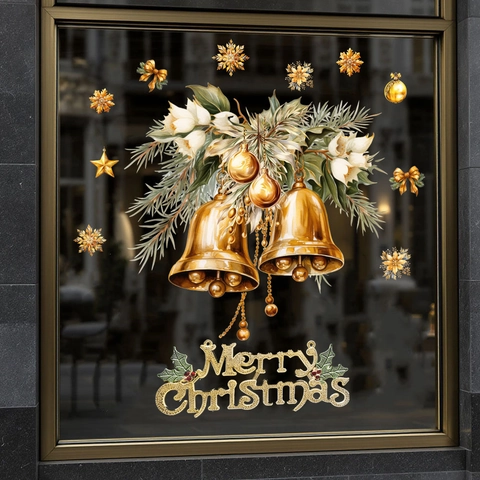 Weihnachtsfensteraufkleber PVC Statisch Goldene Glocken Schneeflocken Frohe Weihnachten Muster Glastür Heimdekoration