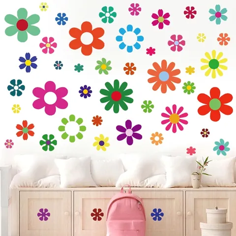 Waterproof PVC Colorful Daisy Flower Wall Stickers Decorative Floral Decals For Living Room Bedroom Laptop Car Surface Decor