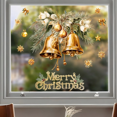 Weihnachtsfensteraufkleber PVC Statisch Goldene Glocken Schneeflocken Frohe Weihnachten Muster Glastür Heimdekoration