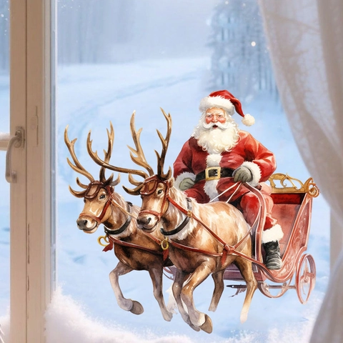 Pegatina de Ventana Estática de Papá Noel Reno Trineo de Navidad para Vidrio Refrigerador Coche Decoración de Hogar Invierno
